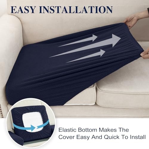 LA MEACK Couch Cushion Covers for Sectional Sofa L Shape Washable Separate Seat Chaise Couch Cover Stretch Sofa Slipcovers with 2 Pcs Pillowcases(3 Seater + 1 Chaise, Navy)
