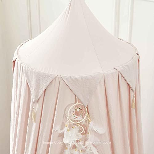 Hommi Lovvi Princess Bed Canopy for Girls, Dreamy Tassels Ceiling Canopy Net Kids Room Decor Soft Nursery Crib Canopy Reading Nook, Large Children Canopies Full Queen Size with Lights - Light Pink