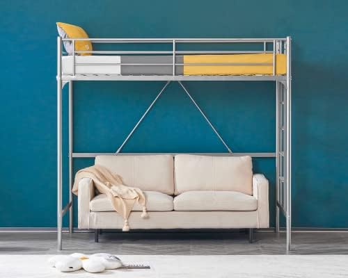 VINGLI 71 Inches Tall Loft Bed Twin Size with Flat Ladder Rung for Kids Teens Adults Heavy Duty Metal Single Bunk Bed Loft with Safety Guard Rails for Small Space, Gray