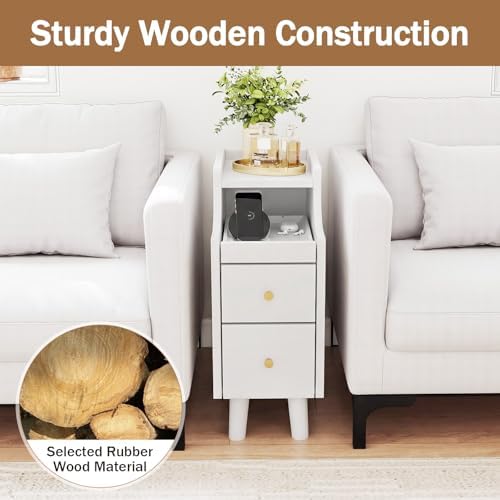 KOMFOTT Narrow Nightstand with Drawers, Solid Wood Bedside Table with Pull-Out Tray & 2 Storage Drawers, Slim Sofa End Table with Cable Management for Small Spaces, Bedroom (White,8" x 16" x 20",1)