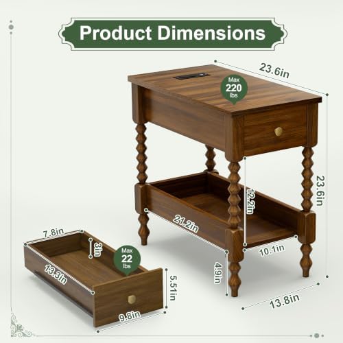 YOSHOOT Farmhouse End Table with Charging Station - Narrow Side Table for Living Room Bedroom Small Space, Wood Nightstand with Drawer and Power Outlets, Walnut