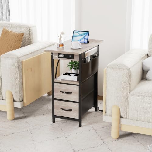 Yenlure Small Side Table with Charging Station, Narrow Nightstand Bedside Tables with Storage Pocket for Living Room Bedroom, Sofa End Table with USB Ports and Power Outlets for Small Spaces, Greige