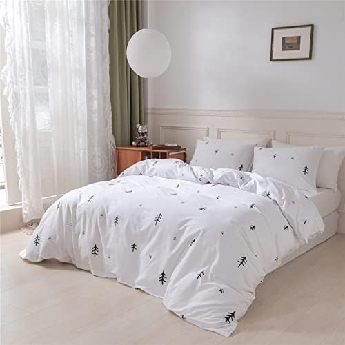 BuLuTu Kids Duvet Cover Full Cotton White/Grey,Premium Boys Girls Bedding Sets Queen,Double Bed Comforter Cover Zipper Closure,Forest Tree Print Pattern,Super Soft,Breathable,No Comforter