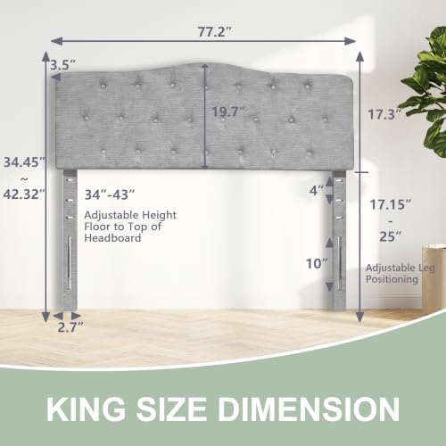 Linen Stitched Tufted King Headboard, Adjustable Height 34-43 in, Gray Padded Support for Reading, Relaxing or Working in Bed, Stable Non-Slip Design, Fits Bed Frame