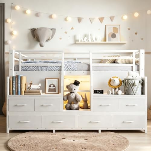 Bellemave Low Loft Bed Full Size with Storage Shelves & Fabric Drawers, Metal Full Loft Bed for Kids with LED Lights & Under-Bed Play Area, Low Loft Bed Frame for Bedroom, No Box Spring Needed, White