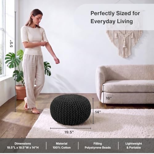 · REDEARTH · Round Pouf Ottoman - Hand Knitted Boho Poof Footrest- Black