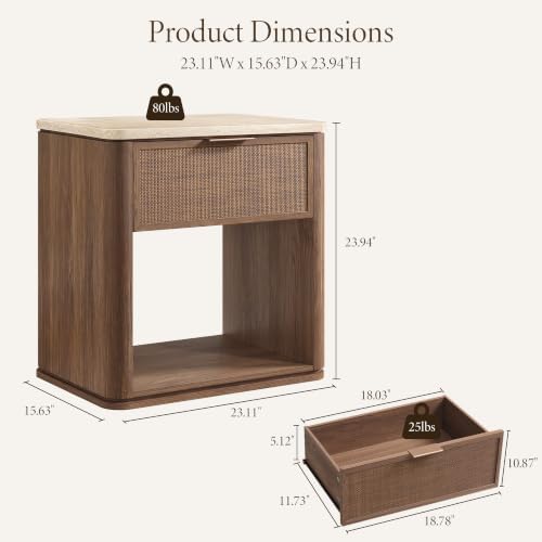 Night Stand, Rattan Nightstand with 1 Drawer&Open Shelf