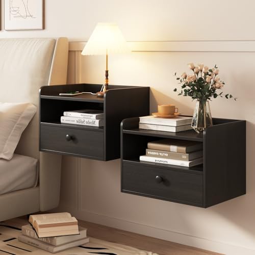 Floating Nightstand Set of 2 Modern Night Stands with Drawer and Open Shelf