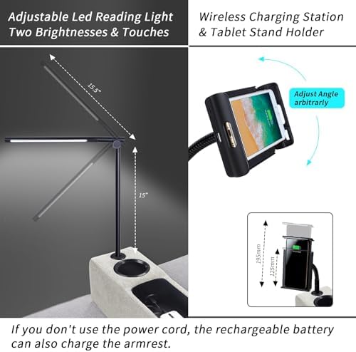 Removable Sofa Armrest, Dual Cup Holders Large Size Multifunctional Couch Caddy Storage Arm Rest with Power Wireless Charging Stand & LED Reading Light for Sofa Middle Seat Parts