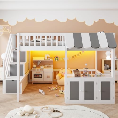 LUMISOL Full Size Loft Bed with Storage Steps and Under Bed Cabinets, Playhouse Loft Bed Frame with LED Light, White+Gray