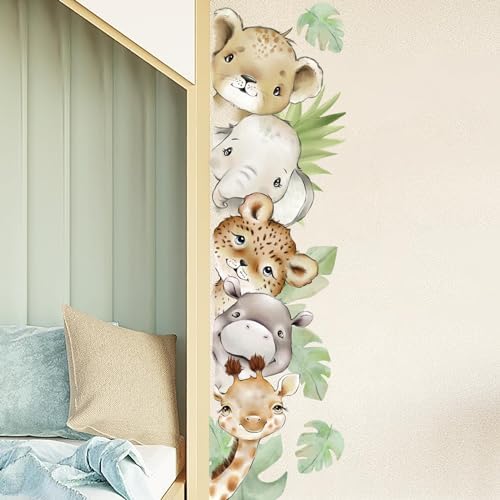 55.12 x 15.75 InchWatercolor Jungle Animal Wall Decals Tiger Elephant Zebra Giraffe Hippo Forest Wall Stickers Removable Peel and Stick Stickers for Baby Nursery Playroom Bedroom Classroom
