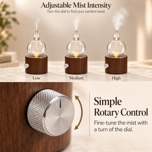 Waterless Essential Oil Diffuser, Cordless Rechargeable Glass Nebulizing Diffuser with Wood Base & Warm LED Light, Aromatherapy Diffuser for Home, Bedroom & Office