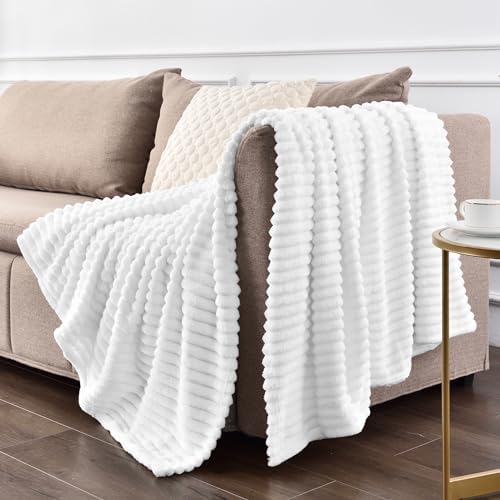 BEDELITE Ribbed Jacquard White Fleece Throw Blanket for Couch, 50x70 Inch