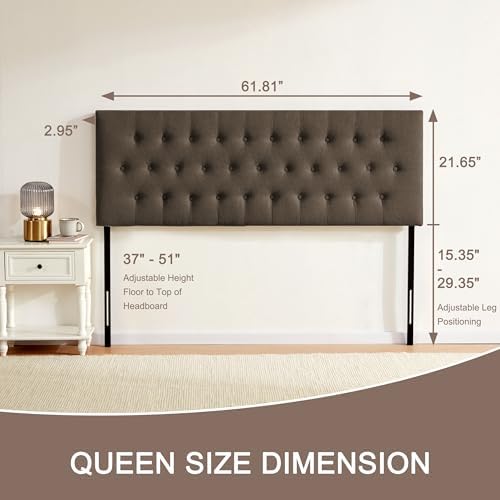 Tufted Upholstered Headboard Queen Size, Adjustable Height 37- 51 in, Brown