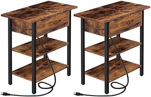 HOOBRO Set of 2 End Tables, Side Table with Charging Station, Flip Top Nightstand with USB Ports and Outlets, Bedside Tables with Shelf for Small Spaces, Living Room, Bedroom, Rustic Brown BF341BZP201