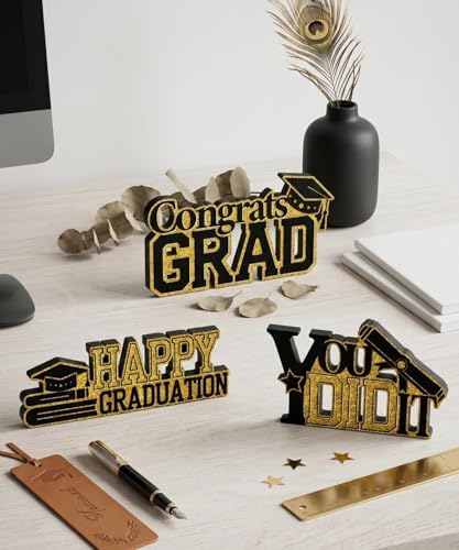 Putuo Decor Graduation Table Decor Set of 3, Gold Glitter Decor with Cap Diploma Design, Congrats Grad Gift for High School College Graduate, Tabletop Decoration for Graduation Party