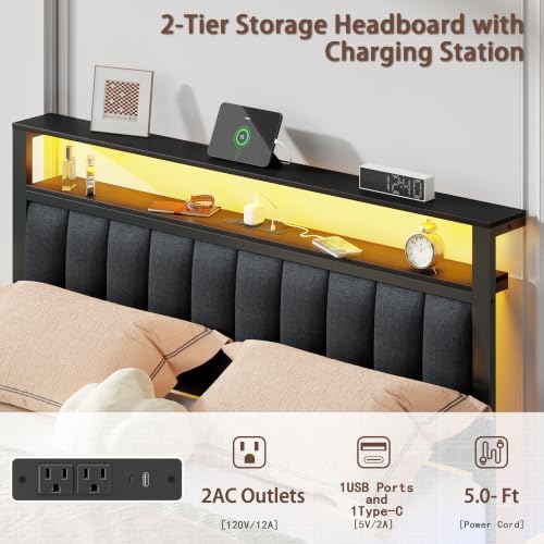 Furnulem Queen Bed Frame with Storage Drawers and Upholstered Headboard