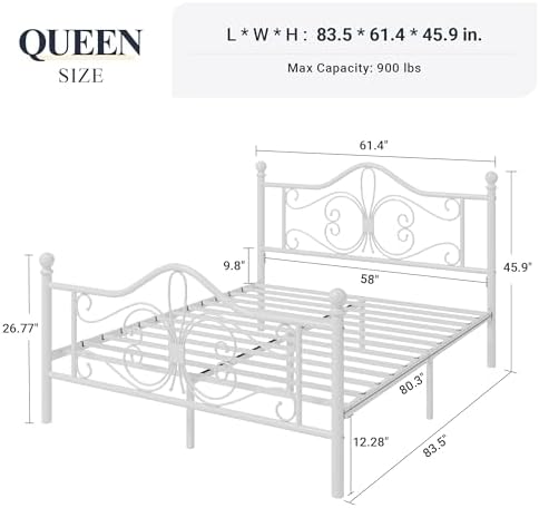 Allewie Metal Queen Platform Bed Frame, Butterfly Pattern Design, White