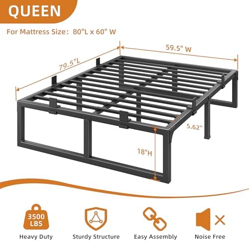 18 Inch Metal Queen Bed Frame with Steel Support, Noise-Free