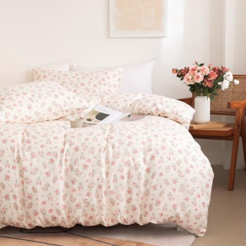 Floral Duvet Cover Set Queen Size, 3 Pieces Pink Flower and Green Leaf Pattern, Soft Microfiber Reversible Cottagecore Bedding Set with 2 Pillowcases, Comforter Insert Not Included, Cream