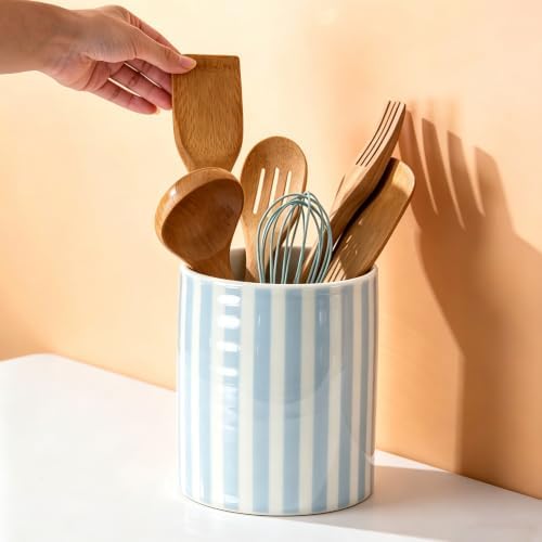 Kitchen Utensil Holder,7.2-inch Extra Large Ceramic Stripes Pattern Utensil Crock,Cooking Utensil Organizer for Kitchen Counter Decor,Storage Caddy Farmhouse Gift Light Blue