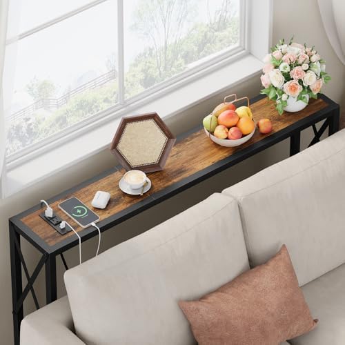 Gewudraw Narrow Console Table with Socket, Sofa Table Behind Couch, Brown
