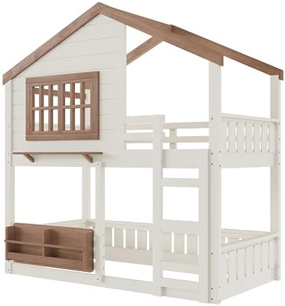 Twin Over Twin Size House Bunk Bed with Storage Bookshelf, Beige