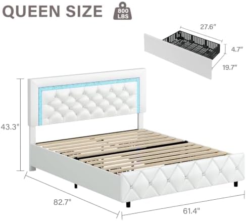 Queen Bed Frame with LED Lights, Upholstered Bed Frame with Storage Drawers
