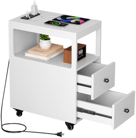 Narrow End Table with Charging Station and Wheels, Movable Narrow End Table with USB Ports and Outlets for Small Space, Living Room, Bedroom and Office, with 4 Wheels (White)
