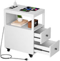 Narrow End Table with Charging Station and Wheels, Movable Narrow End Table with USB Ports and Outlets for Small Space, Living Room, Bedroom and Office, with 4 Wheels (White)