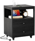 Bedroom Nightstand with Charging Station, Side Table with 2 Drawers,Sofa End Table Living Room with Wheels for Living Room Bedroom Office(Black)