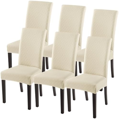 SearchI Dining Room Chair Covers Set of 6, Stretch Jacquard Parsons Chair Slipcovers Super Fit Removable Washable Kitchen Chair Protector Cover for Dining Room, Hotel, Ceremony (Beige Rhombus)