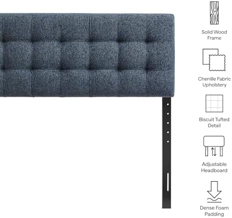 Modway Lily Full Size Headboard with Biscuit Tufting in Navy - Fabric Upholstery with Padded Design and 5 Height-Adjustable Mounts