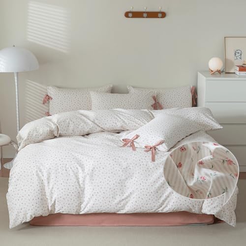 Rose Flower Duvet Cover Queen Stripes Bedding Set 100% Cotton Vintage Country Style Girls Comforter Cover with 2 Bow Tie Pillowcases,Off-White/Cream