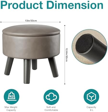 Small Foot Stool Ottoman with Storage, Faux Leather Ottoman Foot Rest for Couch, Round Footstool Ottomans for Living Room (Gray)