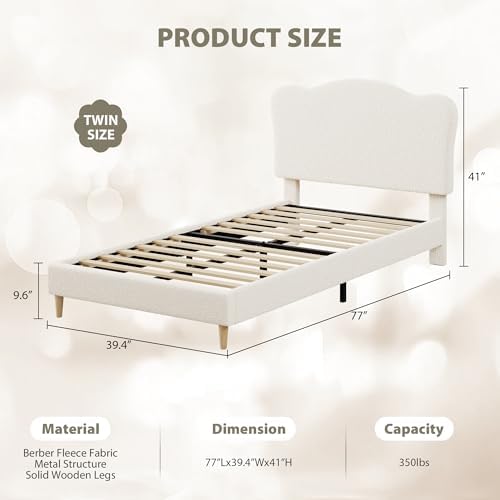 Garvee Upholstered Twin Size Bed Frame for Kids with Scallop Headboard, Cute Velvet Twin Bed for Girls, Boys, Sturdy Platform Bed, No Box Spring Needed, Wooden Slats, Noise Free, Beige