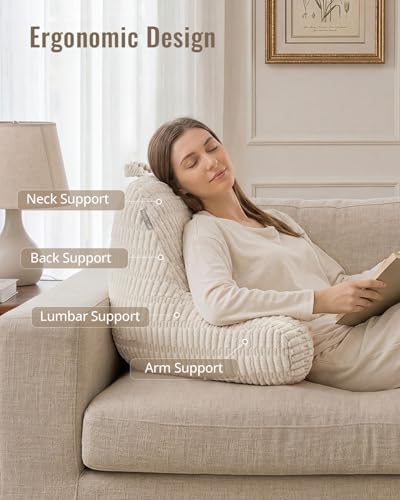 Blissful Diary Reading Pillow, Backrest Pillow with Shredded Memory Foam for Adult & Children, Designed for Bed and Couch Sitting Up, Includes Arms, Pockets and Washable Cover, Off White