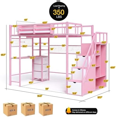 Full Loft Bed with Desk, Stair, Headboard and Storage (Pink)
