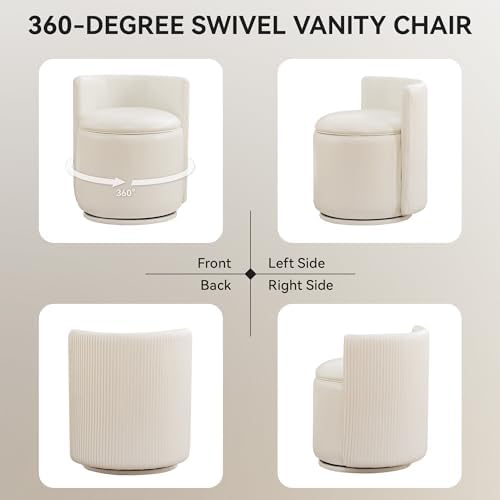WUTUTUEE Faux Leather Vanity Chair with Storage, 360° Swivel Makeup Chair with Pleated Back, No Assembly Small PU Accent Stool for Bedroom, Dressing Room, Living Room, White