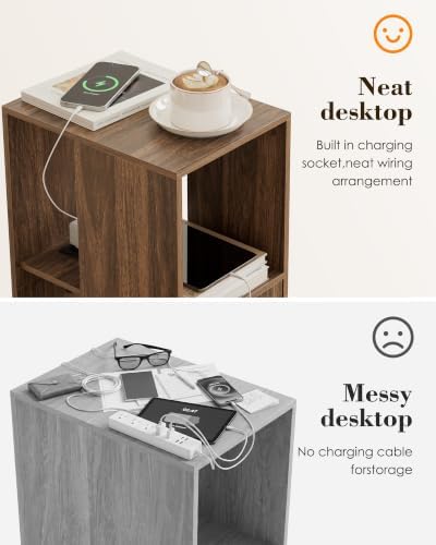 Narrow End Table, 27.6" Nightstand with Charging Station, Walnut
