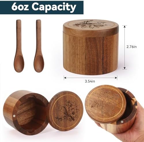 Timtopno Salt Cellar, 2PCS Salt Container Acacia Wood Salt and Pepper Box for Countertop with Built-in Spoon & Swivel Lid, Wood Salt Holder Bowl for Kitchen, Seasoning Storage (Rose & Bird Engraving)