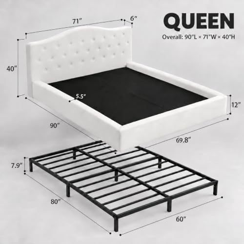 Yechen Queen Cloud Bed Frame, 6" Thick Curved Tufted Headboard, Ivory
