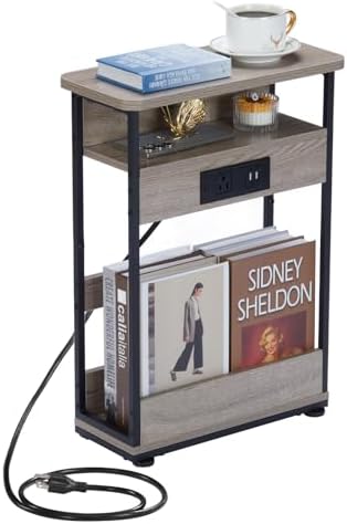 YEAKOO Narrow Side Table with Charging StationSmall Spaces Narrow End Table