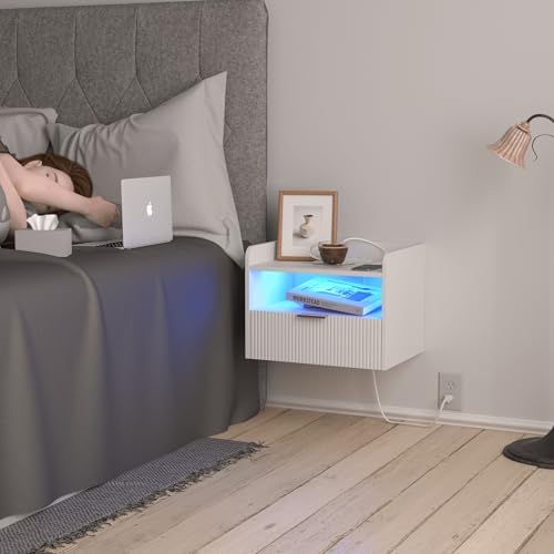 Veegle White Floating Nightstand with Charging Station and LED Lights (White)