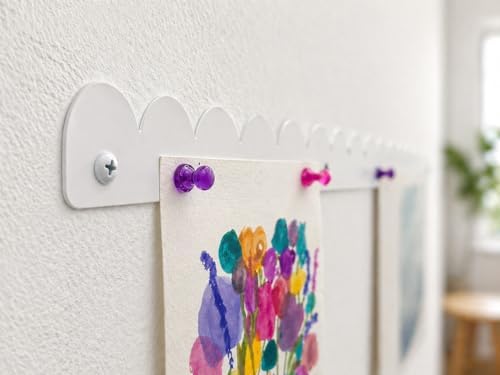 Scalloped Magnetic Art Display for Kids Artwork & Photos (Set of 3) – Kids Artwork Display for Wall – Magnetic Photo Display Strips with Push-Pin Magnets (White, 23in (3 Pack))