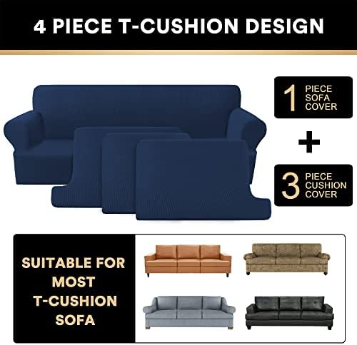 PrinceDeco T Cushion Sofa Slipcover 4 Pieces Sofa Covers for T Cushion Couch Soft Sofa Slip Covers Furniture Protector with 3 Individual T Shape Seat Covers Width Up to 88 Inch -Navy