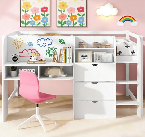 Bellemave Full Size Low loft Bed with Desk, for Kids,Wood Modern Farmhouse Full Loft Bed with Storage Cabinets,Bookcase, No Box Spring Needed, White