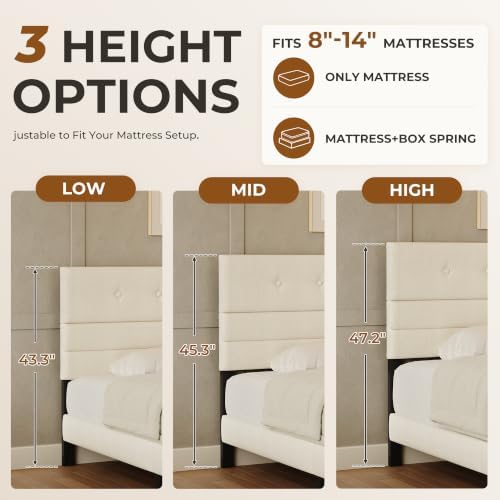 GRUSIGN Full Size Bed Frame with Linen Fabric Headboard, Adjustable Height Upholstered Platform Bed Frame with Wooden Slats, Easy Assembly, Beige