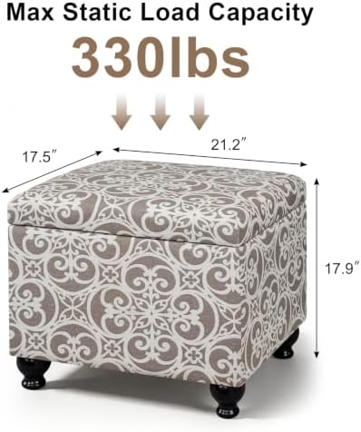 Adeco Storage Ottoman Damask Scrollwork 21" Linen Upholstered Foot Rest Stool with Hinged Lid, Heavy-Duty 360 lbs Support, Space-Saving Seat & Storage for Living Room, Bedroom, Entryway