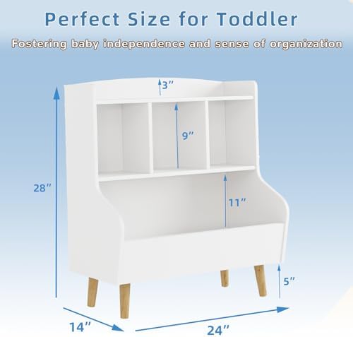 Kids Bookshelf and Toy Storage Organizer, Montessori Nursery Book Shelves with 3 Tier Sling Rack & Fabric Toy Bins, Children Toddler Baby Bookshelf, Wooden Toy Shelf for Kids Room Playroom (Pearl)